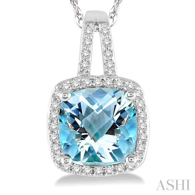 8x8 MM Cushion Shape Aquamarine and 1/5 ctw Round Cut Diamond Pendant in 10K White Gold with Chain