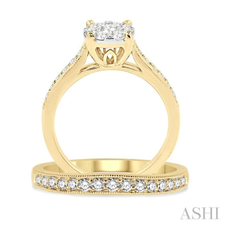 1 ctw Diamond Wedding Set with 3/4 ctw Lovebright Round Cut Engagement Ring and 1/4 ctw Wedding Band in 14K Yellow and White Gold