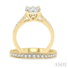 1 ctw Diamond Wedding Set with 3/4 ctw Lovebright Round Cut Engagement Ring and 1/4 ctw Wedding Band in 14K Yellow and White Gold