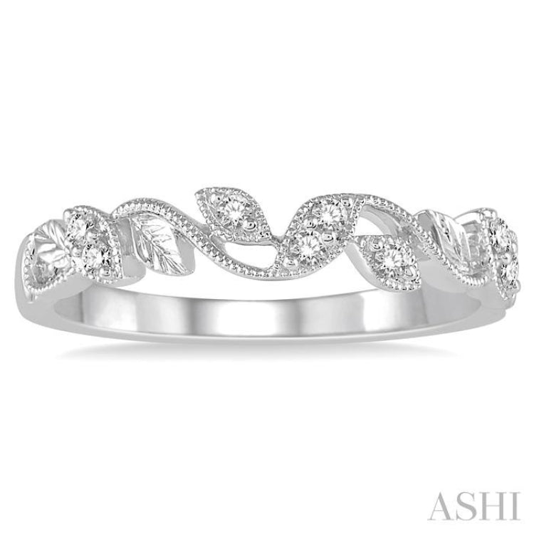 1/10 ctw Leaf Motif Round Cut Diamond Wedding Band in 14K White Gold
