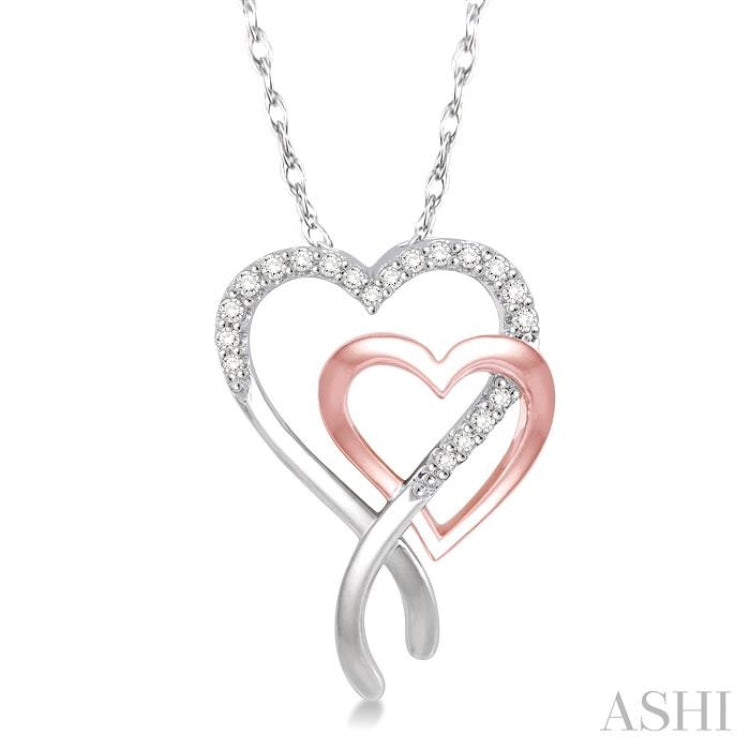 1/6 ctw Interlocked Two Tone Double Heart Round Cut Diamond Pendant With Link Chain in 10K White and Rose Gold