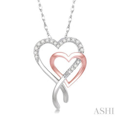 1/6 ctw Interlocked Two Tone Double Heart Round Cut Diamond Pendant With Link Chain in 10K White and Rose Gold
