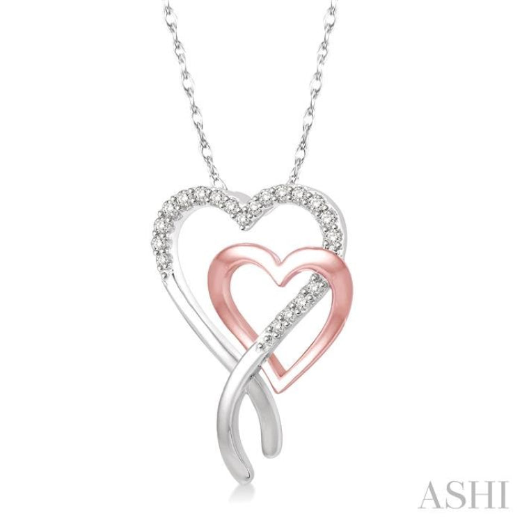1/6 ctw Interlocked Two Tone Double Heart Round Cut Diamond Pendant With Link Chain in 10K White and Rose Gold
