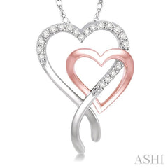 1/6 ctw Interlocked Two Tone Double Heart Round Cut Diamond Pendant With Link Chain in 10K White and Rose Gold