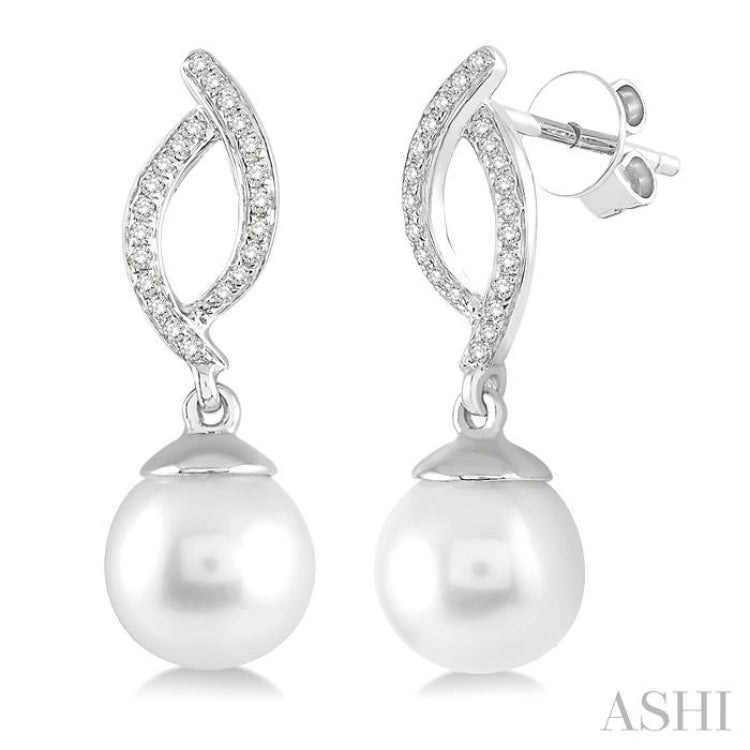 7x7 MM Round Cut Cultured Pearls and 1/6 ctw Round Cut Diamond Earrings in 14K White Gold
