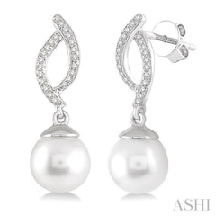 7x7 MM Round Cut Cultured Pearls and 1/6 ctw Round Cut Diamond Earrings in 14K White Gold