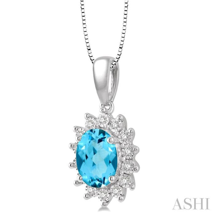 8x6 MM Oval Shape Blue Topaz and 1/10 ctw Round Cut Diamond Semi Precious Pendant in 10K White Gold