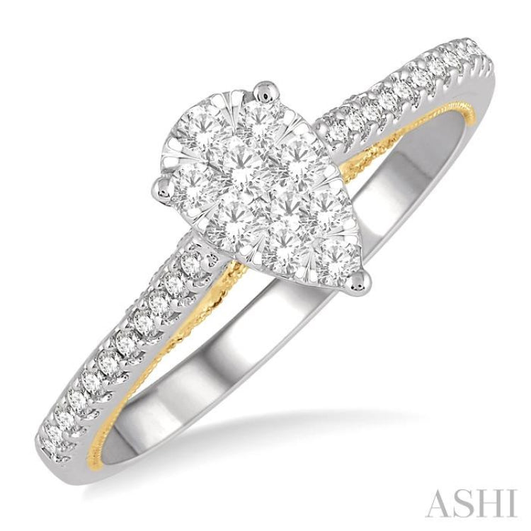 1/3 ctw Pear Shape Round Cut Diamond Lovebright Ring in 14K White and Yellow gold.