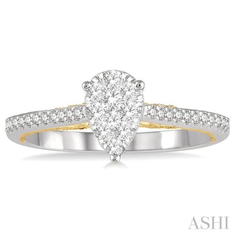 1/3 ctw Pear Shape Round Cut Diamond Lovebright Ring in 14K White and Yellow gold.