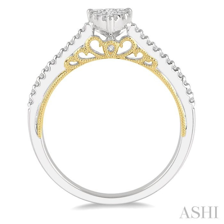 1/3 ctw Pear Shape Round Cut Diamond Lovebright Ring in 14K White and Yellow gold.