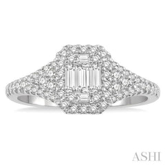 1/2 ctw Filled Octagonal Center Round Cut and Baguette Fusion Diamond Ring in 14K White Gold