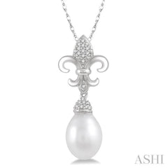 9x7 MM Drop Shape Cultured Pearl and 1/10 ctw Round Cut Diamond Fleur De Lis Pendant in 10K White Gold