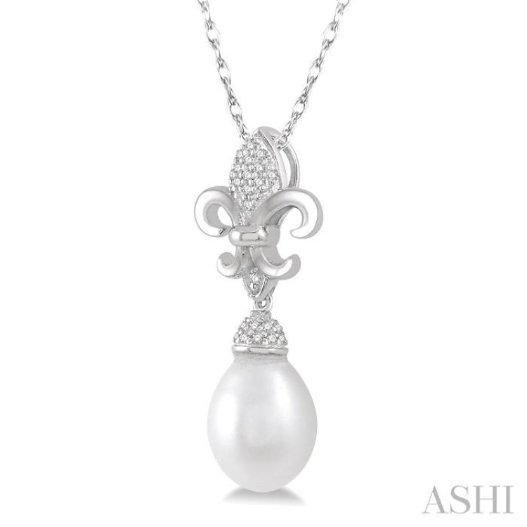 9x7 MM Drop Shape Cultured Pearl and 1/10 ctw Round Cut Diamond Fleur De Lis Pendant in 10K White Gold