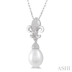 9x7 MM Drop Shape Cultured Pearl and 1/10 ctw Round Cut Diamond Fleur De Lis Pendant in 10K White Gold