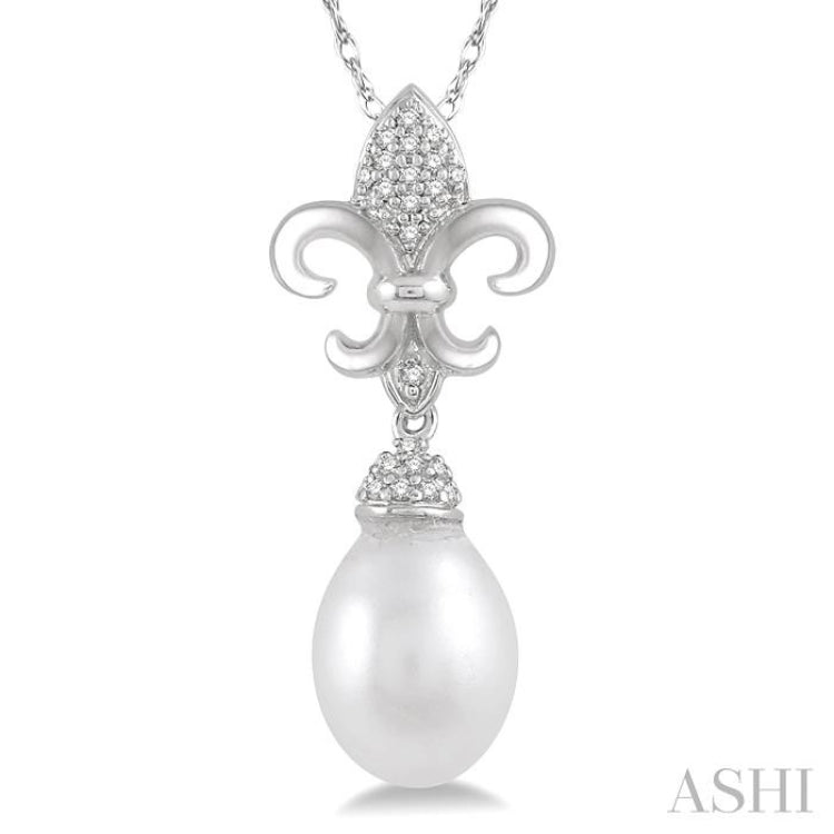 9x7 MM Drop Shape Cultured Pearl and 1/10 ctw Round Cut Diamond Fleur De Lis Pendant in 10K White Gold