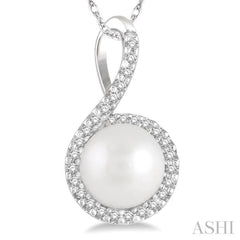 7x7 MM Round Shape Center Cultured Pearl and 1/10 ctw Round Cut Diamond Pendant in 10K White Gold