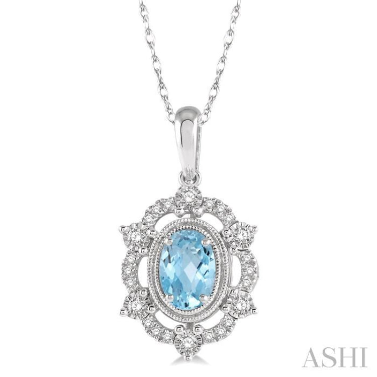 6x4 MM Oval Cut Aquamarine and 1/6 ctw Round Cut Diamond Semi Precious Pendant With Chain in 10K White Gold