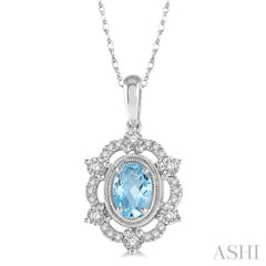6x4 MM Oval Cut Aquamarine and 1/6 ctw Round Cut Diamond Semi Precious Pendant With Chain in 10K White Gold