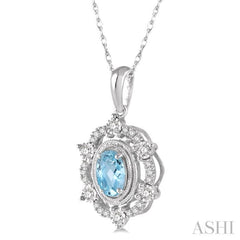 6x4 MM Oval Cut Aquamarine and 1/6 ctw Round Cut Diamond Semi Precious Pendant With Chain in 10K White Gold