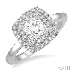 3/4 ctw Princess & Halo Round Cut Diamond Ladies Engagement Ring With 1/2 ct Princess Cut Center Stone in 14K White Gold