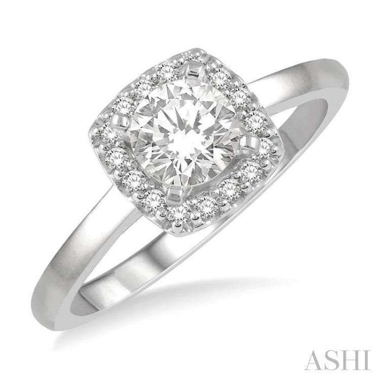 1/3 ctw Cushion Shape Halo Diamond Engagement Ring With 1/4 ct Round Cut Diamond Center Stone in 14K White Gold