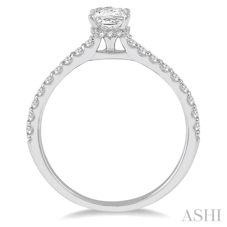 1/2 ctw Round Cut Diamond Engagement Ring With 1/4 ct Princess Cut Center Stone in 14K White Gold