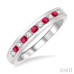 2 MM Ruby and 1/5 ctw Round Cut Diamond Precious Wedding Band in 14K White Gold