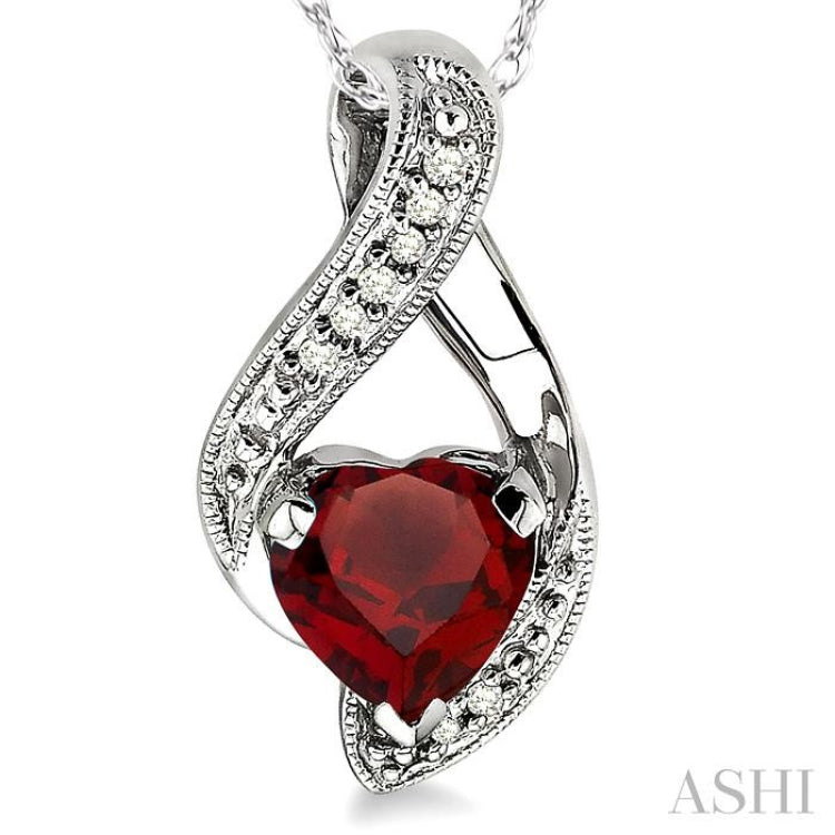 7x7 MM Heart Shape Garnet and 1/20 ctw Single Cut Diamond Semi Precious Pendant in 10K White Gold with Chain