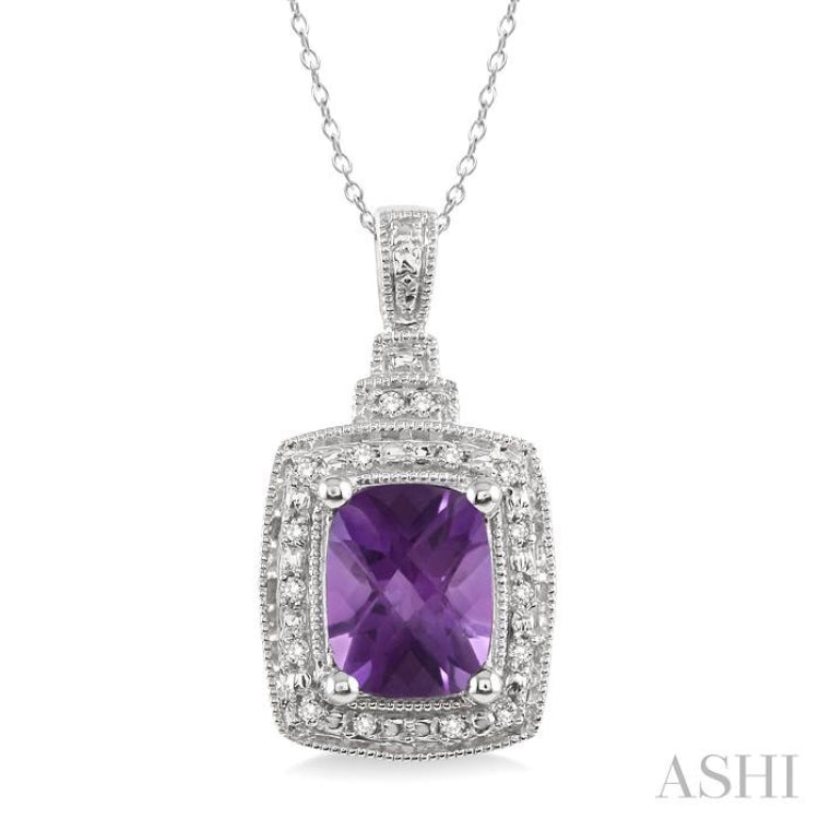 9x7 MM Cushion Shape Amethyst and 1/10 ctw Single Cut Diamond Pendant in Sterling Silver with Chain