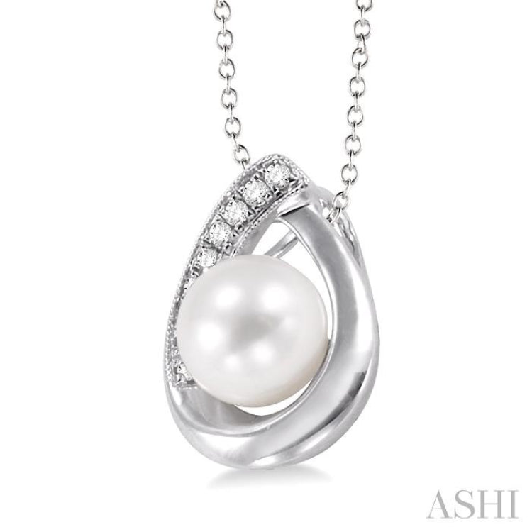 6.5 MM Cultured Pearl and 1/20 ctw Single Cut Diamond Pendant in Sterling Silver with chain