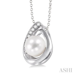 6.5 MM Cultured Pearl and 1/20 ctw Single Cut Diamond Pendant in Sterling Silver with chain