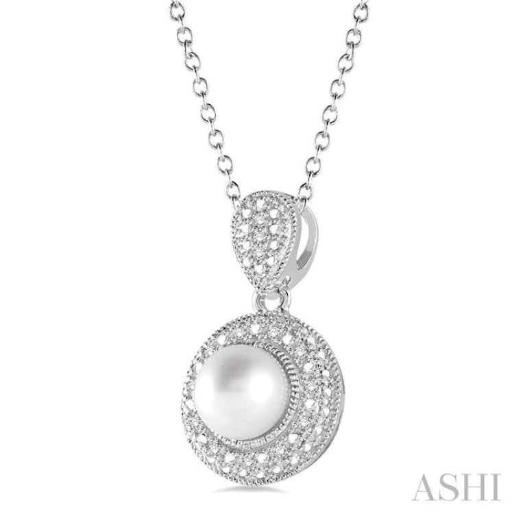 6.5x6.5 MM Cultured Pearl and 1/20 ctw Single Cut Diamond Pendant in Sterling Silver with Chain