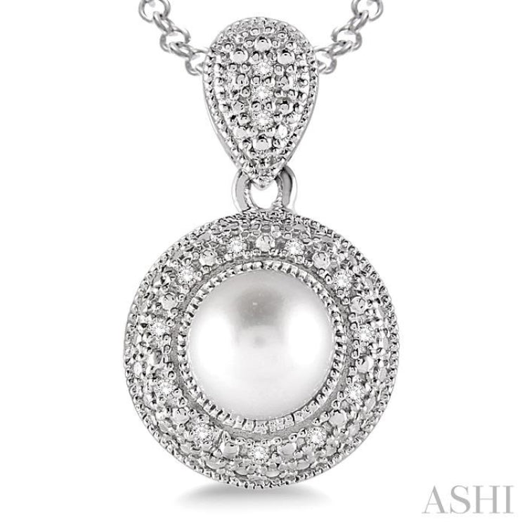 6.5x6.5 MM Cultured Pearl and 1/20 ctw Single Cut Diamond Pendant in Sterling Silver with Chain
