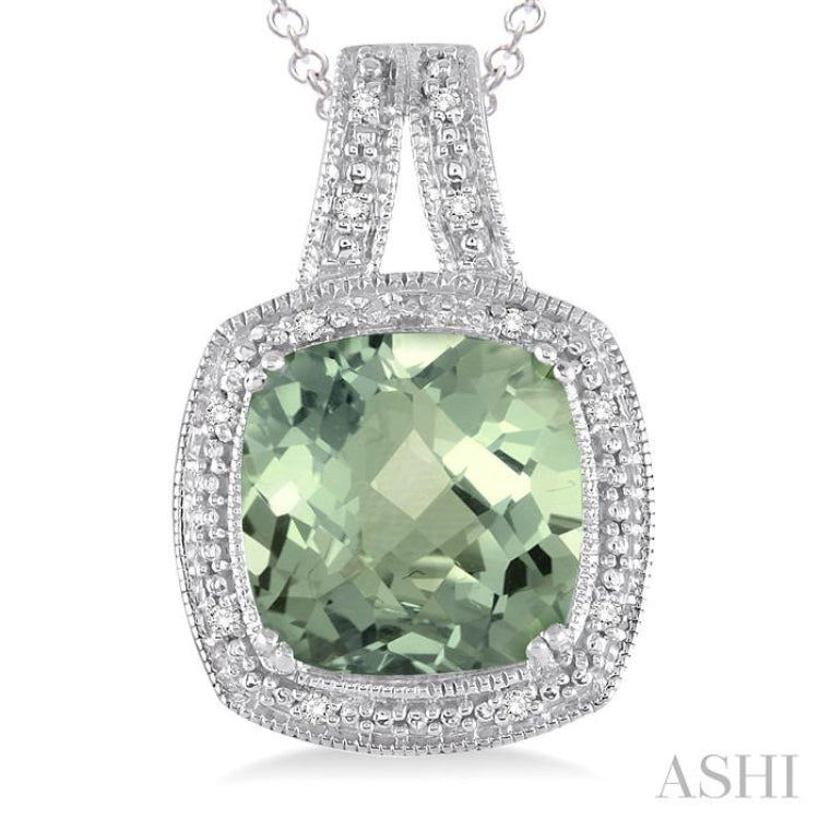 10x10 MM Cushion Shape Green Amethyst and 1/20 ctw Single Cut Diamond Pendant in Sterling Silver with Chain