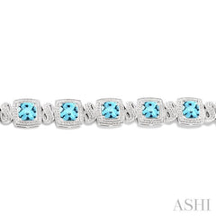 7x7 MM Cushion Shape Blue Topaz and 1/10 ctw Single Cut Diamond Square Shape Bracelet in Sterling Silver