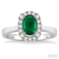 6x4 MM Oval Cut Emerald and 1/6 ctw Round Cut Diamond Precious Ring in 14K White Gold