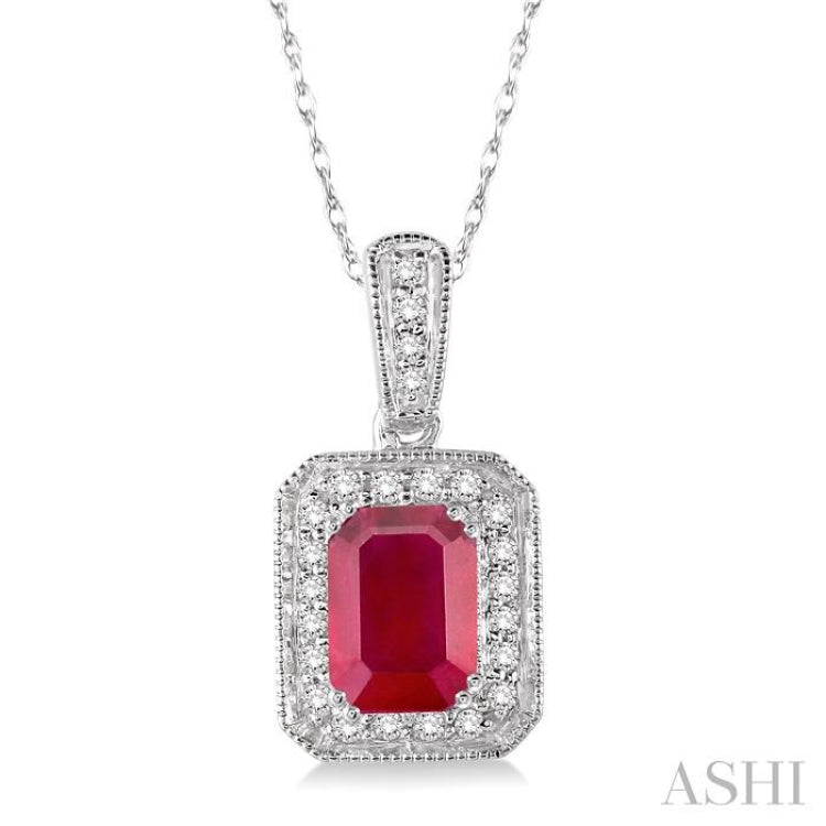 6x4 MM Emerald Shape Ruby and 1/5 ctw Round Cut Diamond Pendant in 14K White Gold with Chain