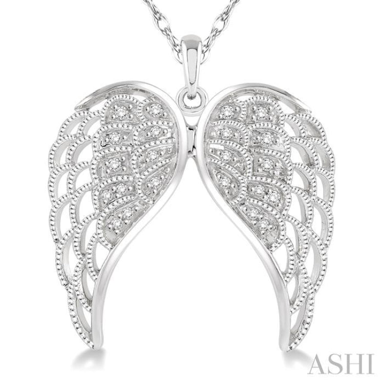 1/10 ctw Round Cut Diamond Angel Wing Pendant in Sterling Silver with Chain