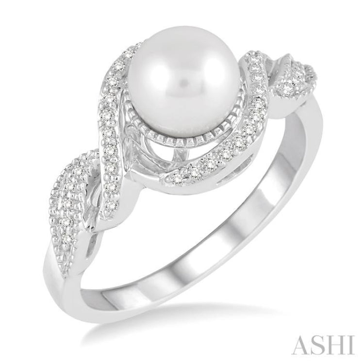 7 MM Round Shape Center Cultured Pearl and 1/10 ctw Round Cut Diamond Twisted Swirl Ring in 10K White Gold