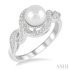7 MM Round Shape Center Cultured Pearl and 1/10 ctw Round Cut Diamond Twisted Swirl Ring in 10K White Gold
