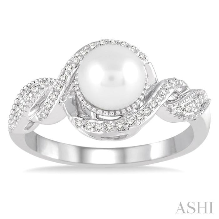 7 MM Round Shape Center Cultured Pearl and 1/10 ctw Round Cut Diamond Twisted Swirl Ring in 10K White Gold