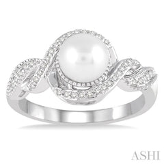 7 MM Round Shape Center Cultured Pearl and 1/10 ctw Round Cut Diamond Twisted Swirl Ring in 10K White Gold