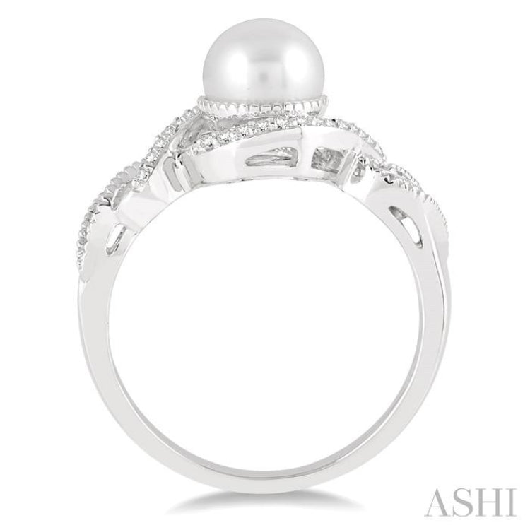 7 MM Round Shape Center Cultured Pearl and 1/10 ctw Round Cut Diamond Twisted Swirl Ring in 10K White Gold