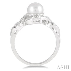 7 MM Round Shape Center Cultured Pearl and 1/10 ctw Round Cut Diamond Twisted Swirl Ring in 10K White Gold