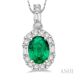 6x4 MM Oval Shape Emerald and 1/4 ctw Diamond Precious Pendant in 14K White Gold with Chain