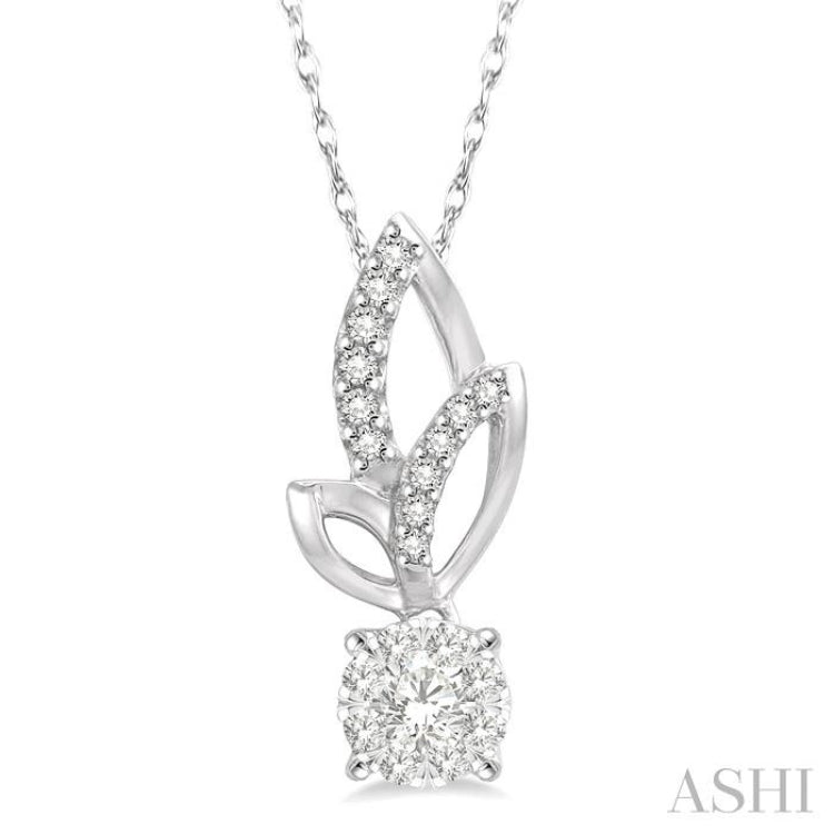 1/6 ctw Leafy Round Cut Diamond Lovebright Pendant With Link Chain in 14K White Gold
