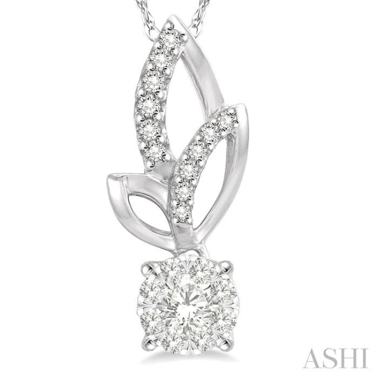 1/6 ctw Leafy Round Cut Diamond Lovebright Pendant With Link Chain in 14K White Gold