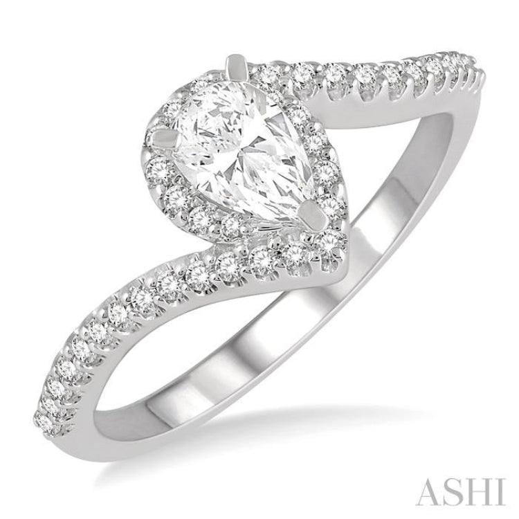 1/2 ctw Embraced Pear Shape Diamond Ladies Engagement Ring with 1/3 Ct Pear Cut Center Stone in 14K White Gold