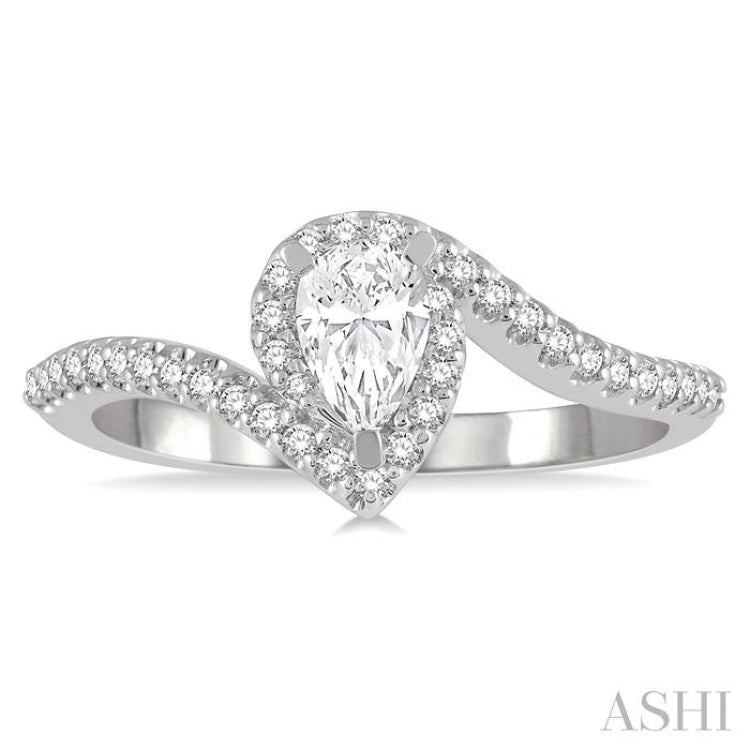 1/2 ctw Embraced Pear Shape Diamond Ladies Engagement Ring with 1/3 Ct Pear Cut Center Stone in 14K White Gold