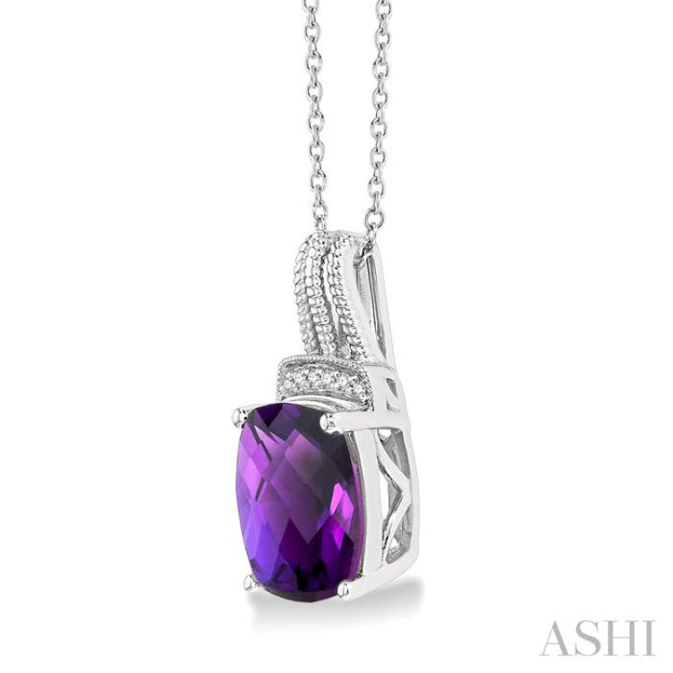 10x8 MM Cushion Shape Amethyst and 1/50 ctw Looped Round Cut Diamond Semi Precious Pendant With Chain in Sterling Silver